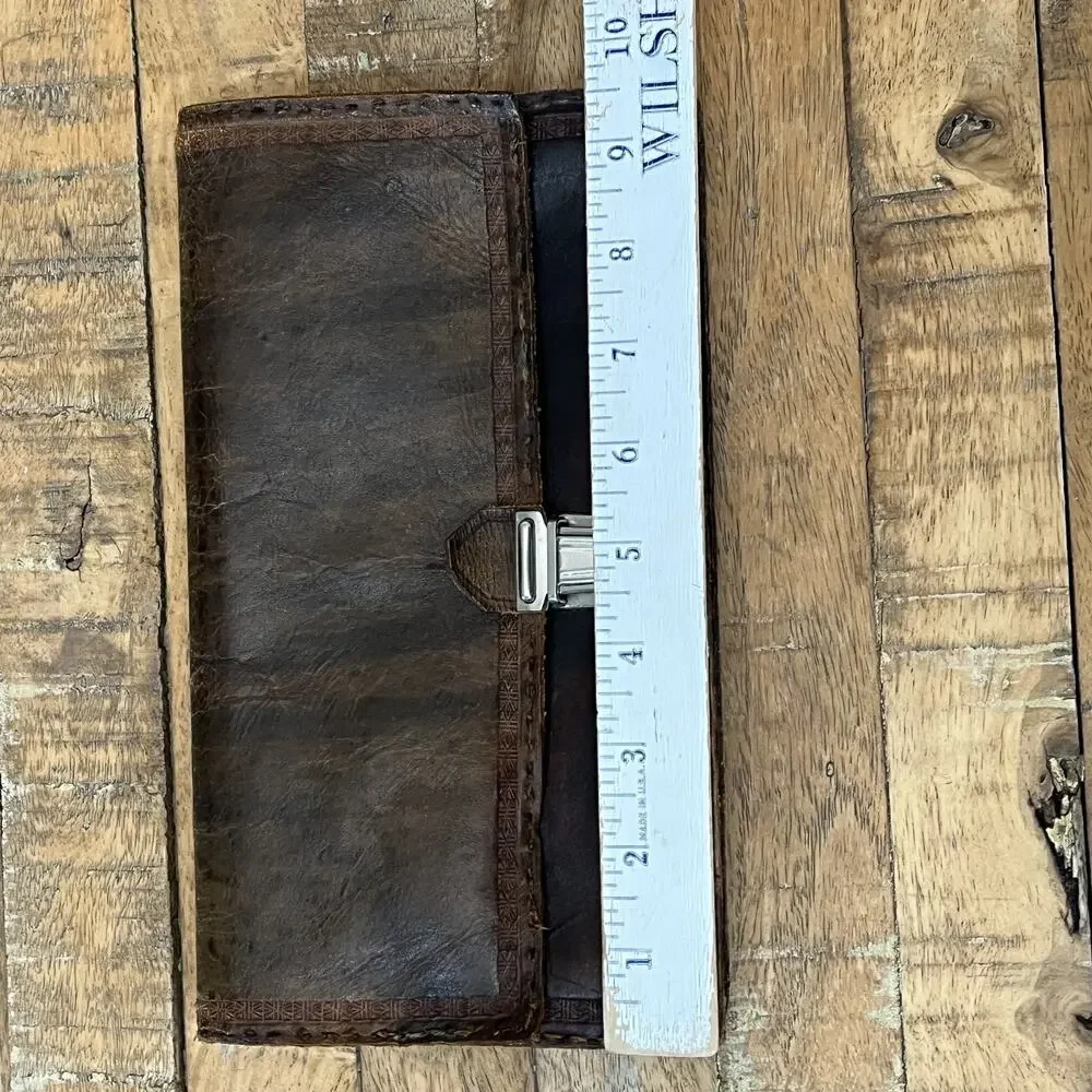 Vintage Genuine Leather Wallet Metal Clasp Closure & Hidden Pocket Tooled
